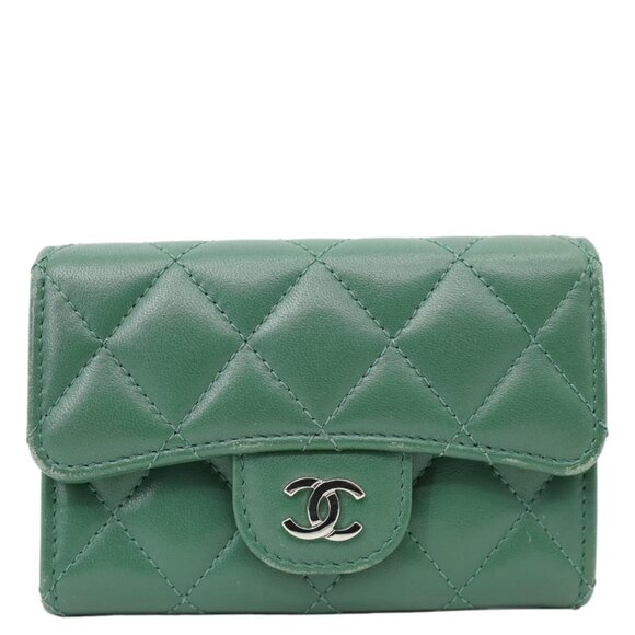Chanel  CC Flap Quilted Lambskin Leather Card Holder Wallet Green - Picture 1 of 12